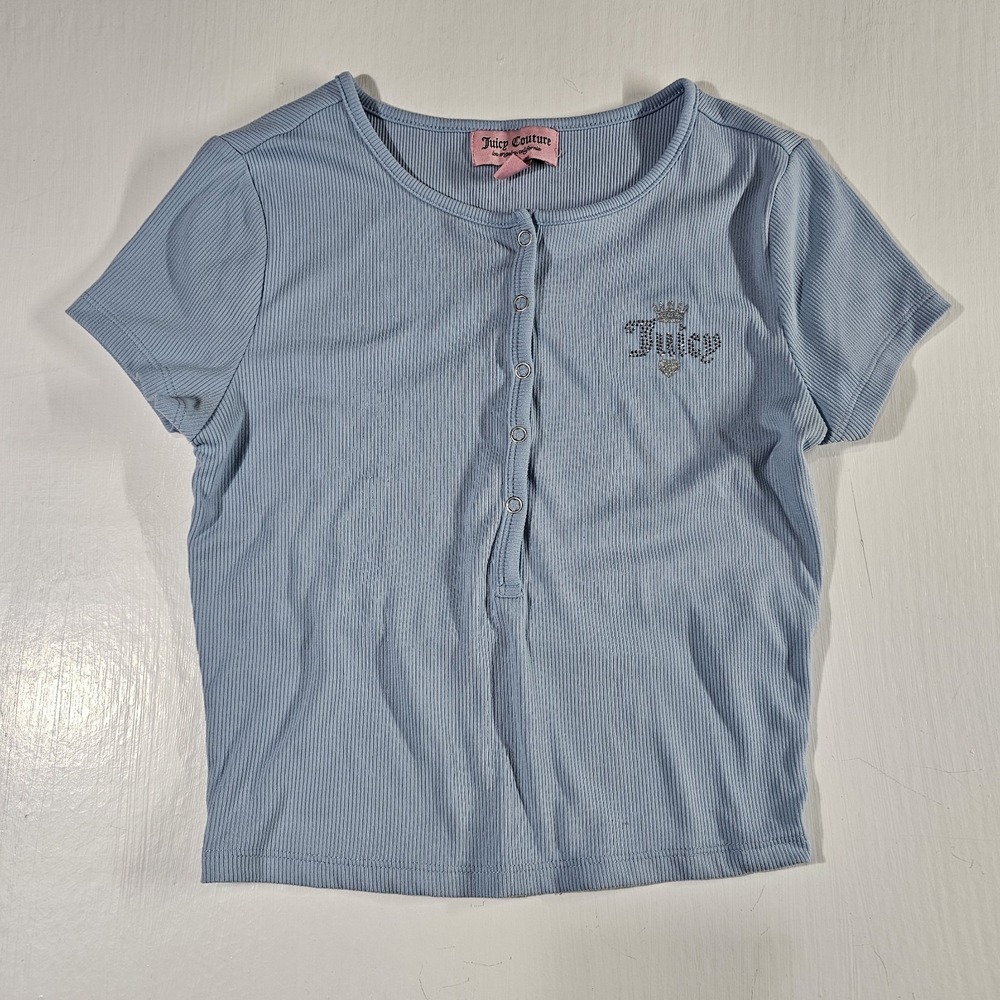 y2k juicy couture light blue top with rhinestone logo, size xsmall